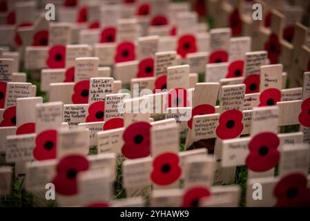London, Großbritannien. November 2024. Während der Cenotaph Parade 2024 am Gedenktag in der Westminster Abbey wird ein Denkmal mit Mohn und kleinen Kreuzen ausgestellt. Am Sonntag, den 10. November, fand der National Service of Remembrance im Cenotaph in Whitehall, London, statt. Ab 11:00 Uhr gedachte der Gottesdienst an den Beitrag der britischen und Commonwealth-Militär- und Zivilsoldaten und Frauen, die an den beiden Weltkriegen und späteren Konflikten beteiligt waren. (Foto: Loredana Sangiuliano/SOPA Images/SIPA USA) Credit: SIPA USA/Alamy Live News Stockfoto