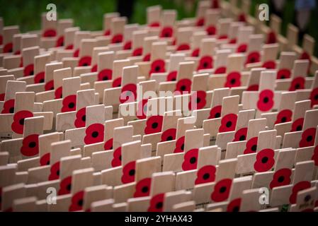 London, Großbritannien. November 2024. Während der Cenotaph Parade 2024 am Gedenktag in der Westminster Abbey wird ein Denkmal mit Mohn und kleinen Kreuzen ausgestellt. Am Sonntag, den 10. November, fand der National Service of Remembrance im Cenotaph in Whitehall, London, statt. Ab 11:00 Uhr gedachte der Gottesdienst an den Beitrag der britischen und Commonwealth-Militär- und Zivilsoldaten und Frauen, die an den beiden Weltkriegen und späteren Konflikten beteiligt waren. (Foto: Loredana Sangiuliano/SOPA Images/SIPA USA) Credit: SIPA USA/Alamy Live News Stockfoto