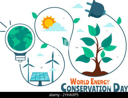 World Energy Conservation Day Vector Illustration die Wichtigkeit der Rettung des Planeten mit einem Green and Eco Friendly, mit einer Lampe und Erde Stock Vektor