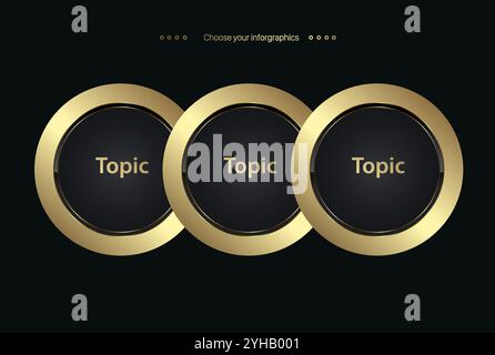 Drei Kreise Option Vektor, Luxus und Premium Optionen, Infografik Set mit drei goldenen Kreisen Knöpfen, 3 Premium Elemente, goldene Stufen Banner, Temp Stock Vektor