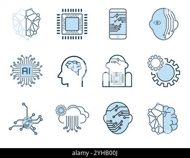 Symbole für künstliche Intelligenz Gruppen-Design. Sammlung von hochwertigen Web-Piktogrammen in moderner flacher Vektorillustration Stock Vektor