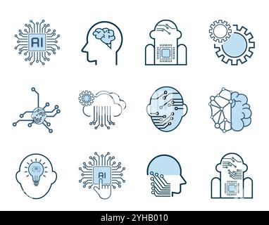 SET von Symbolen für künstliche Intelligenz. Sammlung hochwertiger Web-Piktogramme im modernen flachen Stil Stock Vektor