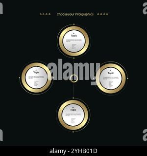 Gruppen von Mehrzweck-Infografikvorlagen Luxury Circle, eine Option mit goldenen Elementen mit Textdetails und hochwertigen Schaltflächen Stock Vektor