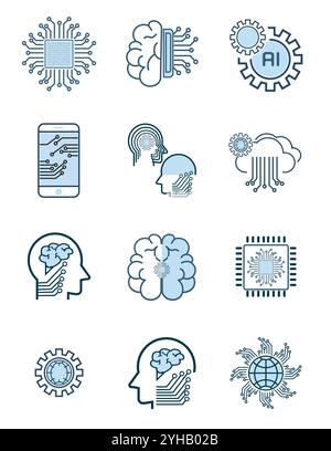 Satz von Symbolen für Vektorlinien im Zusammenhang mit künstlicher Intelligenz. Enthält Symbole wie Gesichtserkennung, Algorithmus, Selbstlernstil. Bearbeitbare Kontur des Stock Vektor