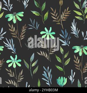 Nahtloses Aquarellmuster mit einfachen zarten Pflanzen und Blumen. Handgezeichneter Kunstdruck Stockfoto