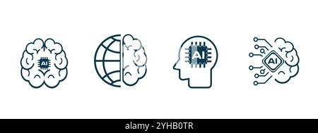 Set mit 4 Icons für künstliche Intelligenz, Set mit vier KI-Icons, maschinelles Lernen, intelligenter Robotik und Cloud-Computing-Netzwerk, digitale KI-Technologie Conceep Stock Vektor