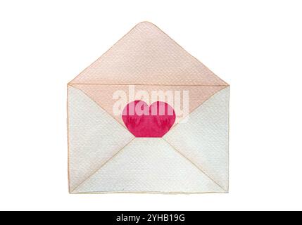Rotes Herz in einem offenen Umschlag isoliert auf weiß. Handgemalte Aquarellillustration. Perfekter Valentinstag, für Liebeskarten, Poster, Blogbeiträge Stockfoto