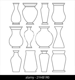 Vase alte Kanne Töpferei Ton Topf Kollektion Terrakotta handgefertigte antike Artefakt Gefäß Container Design Symbol Set schwarz Umrisslinie Strichfarbe Stock Vektor