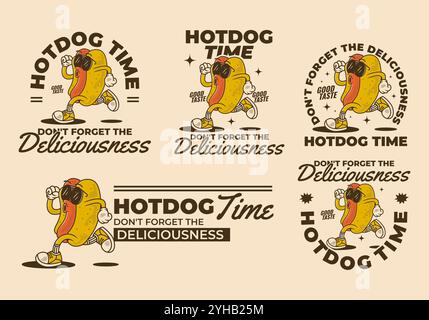 Hot Dog Time, vergiss nicht die Köstlichkeit. Vintage Retro Maskottchen Charakter eines Hot Dogs in laufender Pose Stock Vektor