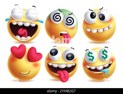 Humor-Emoji-Vektor-Zeichen-Set. Emojis Clip Art Gesichtsausdruck wie lachen, schwindelig, lustig, verliebt, frech und gierig gelbes Emoticon Stock Vektor