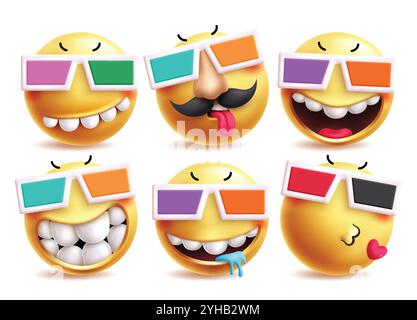Coole Emoji-Vektor-Zeichensatz. Emojis Charakter trägt 3D Sonnenbrillen Kostüm in lustigen, frechen alten Mann, fröhlichen, lustigen, sabbernden und küssen Emoticons Stock Vektor