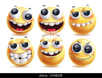 Lustige Emoji Clipart Vektor-Zeichensatz. 3D-Emojis in Happy, enjoy, verspielt und niedlich lächelnder Gesichtsausdruck gelber Clipart-Charakter in weiß Stock Vektor