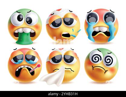 Kranker Emoji Clipart-Vektor-Zeichensatz. Krankheit Emojis wie Erbrechen, Husten, Schluchzen, Fieber, Niesen und Schwindel Gesichtsausdruck 3D Charaktere Stock Vektor
