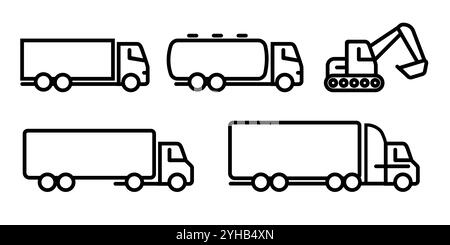 Schwere Maschinen Anhänger LKW Bagger Öl Gas LKW Tankfahrzeug Transportfahrzeug Symbol für Sammellinie Strichumriss setzen Stock Vektor