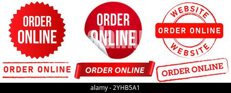 Bestellen Online-Shopping Website E-Commerce Service Shop Markt Modern Kaufen Verkauf Buchungstempel rotes Abzeichen Aufkleber Dichtung Banner Wasserzeichen Verkauf Icons Set Stock Vektor