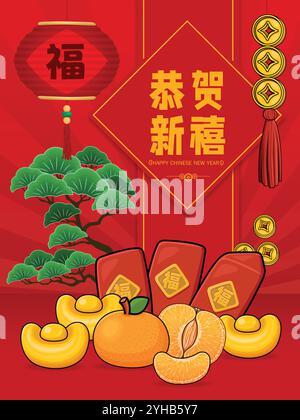Chinesisches Vintage-Neujahrsplakat mit Mandarinorange, rotem Paket, Goldbarren. Chinesische Worte bedeuten glückliches Mondjahr, Wohlstand. Stock Vektor