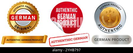 Deutscher authentischer Produktstempel Bunte Abzeichen produzierte Original Aufkleber Aufkleber Aufkleber Deutschland Design Icon Set Kollektion Stock Vektor