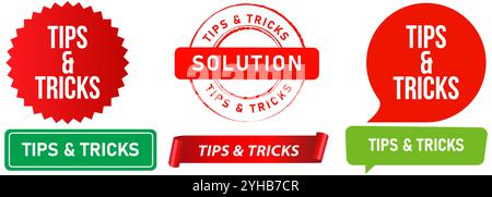 Tipps und Tricks Lösungsinformationen Idee Bildung Tutorial Anleitung Anleitung Ausweg Stempel Bunte Abzeichen Aufkleber Emblem Banner Band Label Design Stock Vektor