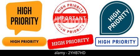 Hohe Priorität erste Haupt VIP wichtige Kundendokument Arbeitsdaten Stempel Bunte Abzeichen Luftblase Sprache Emblem Schild Siegeletikett Design Symbol Set Sammlung Stock Vektor