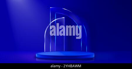 Glatte zylindrische Plattform unter transparenten, gebogenen Glasbogenelementen in tiefem königsblauem Ambiente. Premium-Ausstellungsfläche für Luxusproduktpräsentationen. Realistische 3D-Warenwerbung. Stock Vektor