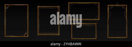 Dünner goldener Rahmen. Rechteckige Form, eleganter Rahmen. Hochwertiges Art-Deco-Ornament für Fotos. Vintage-Boarder für Zertifikat oder Etikett mit kunstvollem Dekor-Set. Schicke Hochzeitskarte. Festliches islamisches Element Stock Vektor