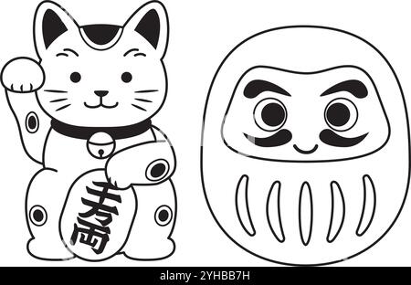 Illustrationsmaterial der anwinkenden Katze und Daruma. Die Katze hat eine Münze mit zehn Millionen Ryo (eine alte japanische Währungseinheit). Japanisch N Stock Vektor