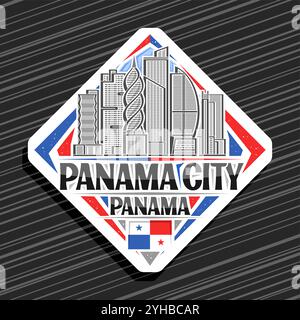 Vektor-Logo für Panama City, weißes Rautenschild mit Linienillustration des berühmten amerikanischen Stadtbildes, Kunst-Design-Touristen-Kühlschrankmagnet mit un Stock Vektor