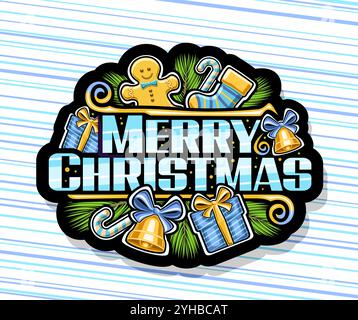 Vektor-Logo für frohe Weihnachten, dekoratives Etikett mit Zeichentrickdesign weihnachtssymbolen, dunkles Schild mit Illustration von blauen Geschenke und goldenem Be Stock Vektor