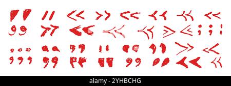 Satz von Anführungszeichen. Rote Buntstifte handgeschriebene Textschilder. Sammlung von Symbolen für das Zitieren von Aussagen, direktes Sprechen in Sprechblase. Vektor Stock Vektor