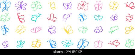 Satz Schmetterlinge, die mit Pastellstift oder Holzkohlestift zeichnen. Bunte Kreidelinie Schmetterling einfaches Element auf weißem Tafel Hintergrund. Wie Kinder Stock Vektor