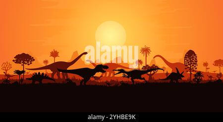 Riesige Dinosaurier kämpfen Silhouetten in der Sonnenuntergangslandschaft des Juras, Vektorhintergrund. Prähistorischer Dino-Park oder paläontologisches Museum Banner mit kämpfenden T-rex und Silhouetten von Dinosauriern Stock Vektor