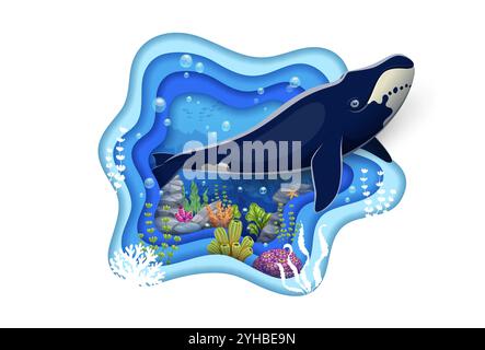 Papier geschnittene Unterwasserlandschaft mit lustigem Walcharakter. Cartoon Pottwal in Vektor 3D-Rahmen mit gewelltem Papierschnitt-Rahmen mit Korallenriff, Fisch und Algen Silhouetten. Poster mit Papierschnitt für Meerestiere Stock Vektor