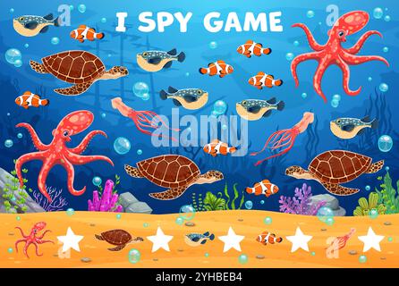 Zeichentrick Meerestiere auf Kindern Ich spioniere Spiel Arbeitsblatt, Vektor-Puzzle Quiz. Kinder, die ich ausspioniere, finden und vergleichen Sie dasselbe Bild von Unterwasser- oder Ozeancharakteren von Tintenfischen, Schildkröten und Fugu-Fischen mit Tintenfischen Stock Vektor