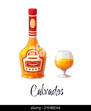 Calvados Alkoholflasche und Glas für Bargetränk oder Getränk, Vektor-Zeichentricksymbol. Calvados Brandy Flasche mit Etikett und Glas für hochwertige alkoholische Getränke, Barmenü oder Partyfeier Stock Vektor