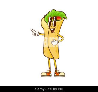 Cartoon Fast Food Burrito groovige Figur. Restaurant zum Mitnehmen Burger, Fast Food Café Street Mahl oder Snack kindlicher isolierter Vektorcharakter. Junk Restaurant Burrito Comic Retro grooviges Maskottchen Stock Vektor