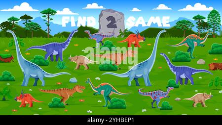Zwei prähistorische Dinosaurier finden Sie in einer üppigen natürlichen Landschaft. Vektor-Puzzle-Spiel, Rätsel, Challenge-Workout, das Kinder einlädt, zwei identische Dino zu finden. Aufgabentätigkeit für Bildung und Unterhaltung Stock Vektor