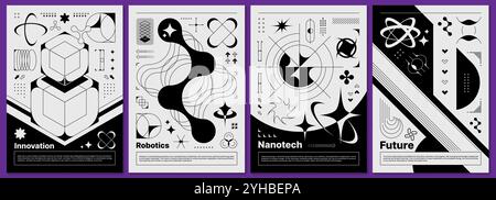 Brutalism Y2K Poster mit abstrakten Retro-Elementen und 3D-Formen, Vektorhintergründen. Vorlagen für Brutalismus-Poster und Banner mit 3D-Elementen und isometrischen geometrischen Formen in brutalem Grafikdesign Stock Vektor