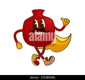 Groovige Granatapfelfrucht Halloween Zauberfigur. Saftige tropische Frucht Zauberer glückliche Cartoon Vektor Charakter, reife Granatapfelhexer oder Magier isolierte groovige Persönlichkeit oder glücklich lächelndes Maskottchen Stock Vektor