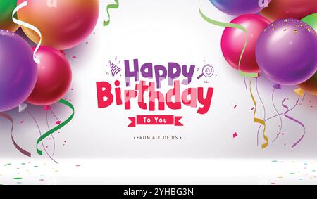 Alles Gute zum Geburtstag Gruß Text Vektor Vorlage Design. Geburtstagsgrußtext mit schwebenden bunten Ballons und Konfetti-Elementen-Partydekoration Stock Vektor