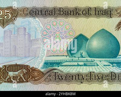 Portrait Irak Al-Shaheed Denkmal von 25 Dinnar Banknote Stockfoto