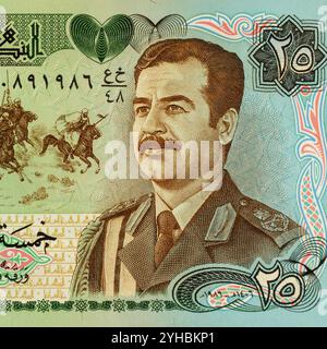 Porträt Irak Saddam Hussein von 25-Dinnar-Banknote Stockfoto