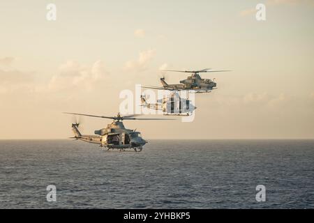 U.S. Marine Corps UH-1Y Gifte, links und Mitte, und eine AH-1Z Viper, alle verbunden mit Marine Medium Tiltrotor Squadron (VMM) 165 (verstärkt), 15. März Stockfoto