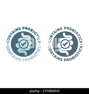Enthält probiotische Vektormarkierung. Probiotika farbenfroher Aufkleber mit Darm. Stock Vektor