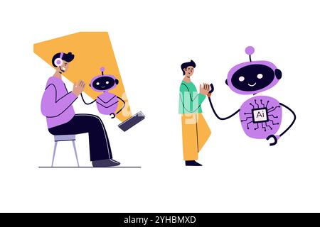 Künstliches Intelligenzkonzept mit Menschen und Robotern. Illustration des flachen Vektors. Person, die KI-Technologie für die Arbeit verwendet. Zusammenarbeit mit Ai Robotic p Stock Vektor