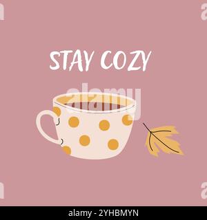 Herbst-Kartenschablone mit saisonalen Blättern und Artikeln. Feierliches Design mit handgezeichneten Kuschelelementen und Ernteelementen. Stock Vektor