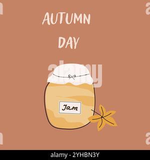 Herbst-Kartenschablone mit saisonalen Blättern und Artikeln. Feierliches Design mit handgezeichneten Kuschelelementen und Ernteelementen. Stock Vektor