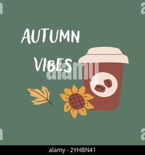 Herbst-Kartenschablone mit saisonalen Blättern und Artikeln. Feierliches Design mit handgezeichneten Kuschelelementen und Ernteelementen. Stock Vektor