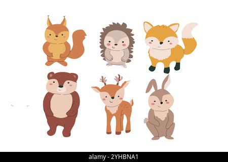 Herbsttiere bündeln sich mit Blättern und anderen saisonalen Gegenständen und Kleidung, Dingen. Waldtiere für Kinder mit Clipart-Elementen für die Ernte. Handgezeichnet Stock Vektor