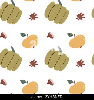 Herbst Herbst Erntedankfest nahtloses Muster mit süßen Blättern, Dingen, Pumkins. Dekorationsdesign für die Ernte. Quadratischer Hintergrund mit Blättern, Eicheln, Nuss Stock Vektor