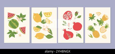Abstrakte, moderne Poster mit Früchten, Kollektion mit flachem Design. Satz von vertikalen Karten mit tropischen Früchten ganz, Scheiben, Stücken. Wassermelone, Zitronen, Kiefer Stock Vektor